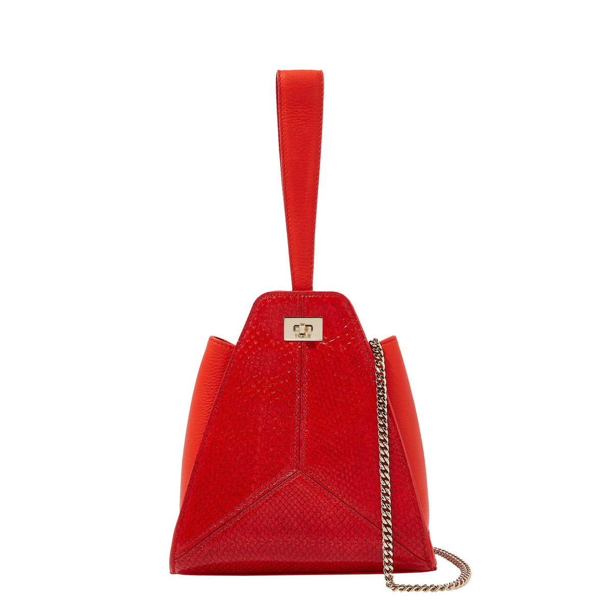 Livia Red salmon leather bag by THALIE Paris with gold chain – front view.