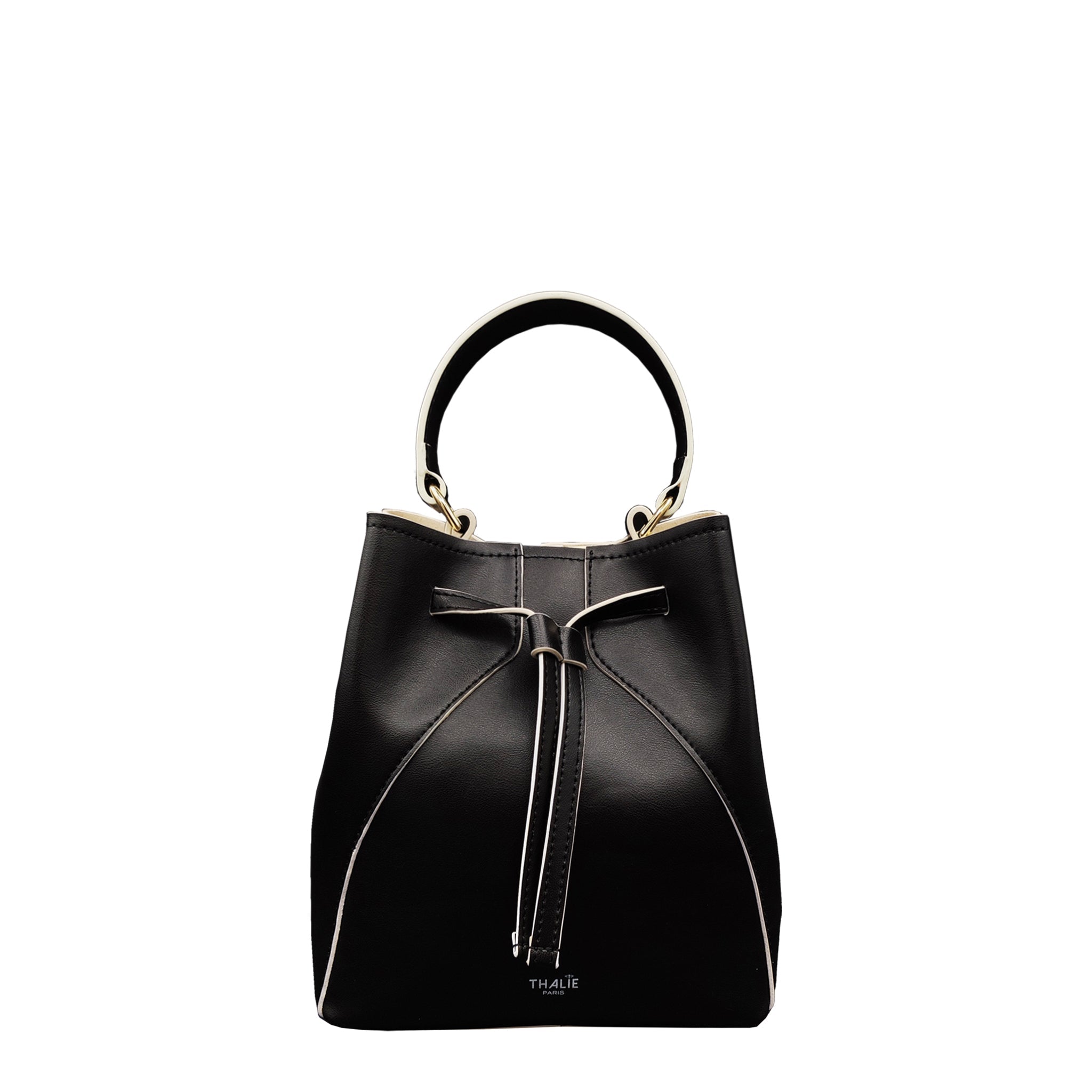 Front view of Mia Black Vegan Bucket Bag elegant and timeless made from cactus material. Thalie Paris