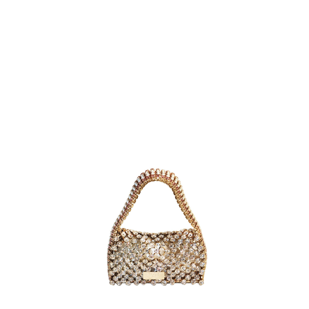 Mini Cabochon gold crystal mesh evening bag by Thalie Paris front side.