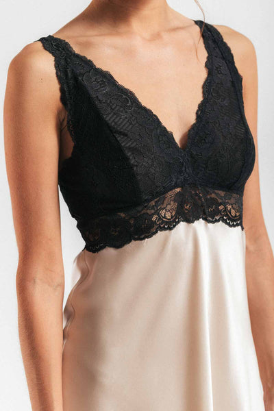 Close-up of front of model wearing Morgan Iconic Bust-Support silk gown in champagne