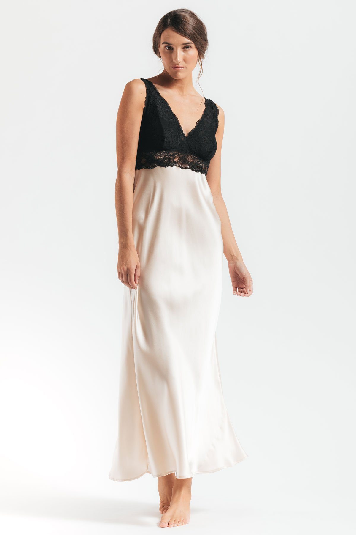 Model wearing Morgan Iconic Bust-Support silk gown in champagne
