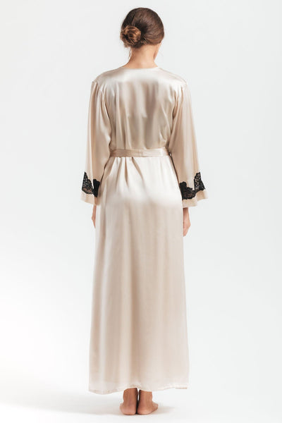 Backview of model wearing Morgan Long silk robe in champagne