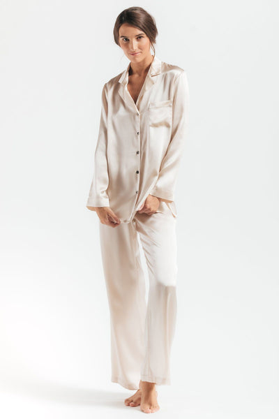 Front of model wearing Morgan Silk pajama set in champagne
