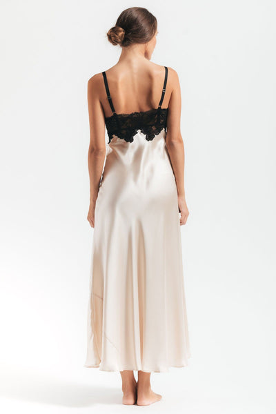Back of model wearing Morgan vintage long silk sleeping gown in champagne