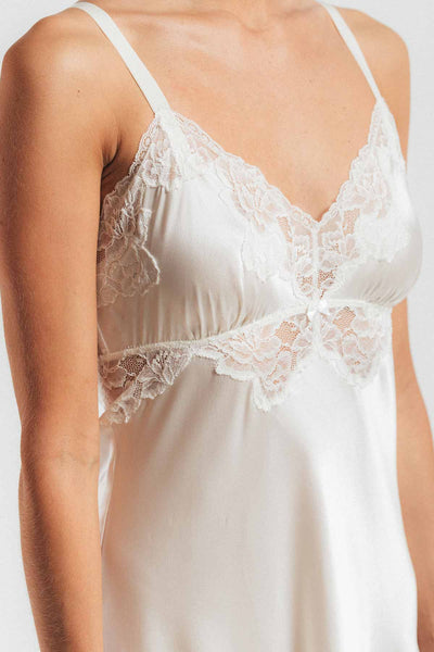 Front of Morgan vintage long silk sleeping gown in ivory