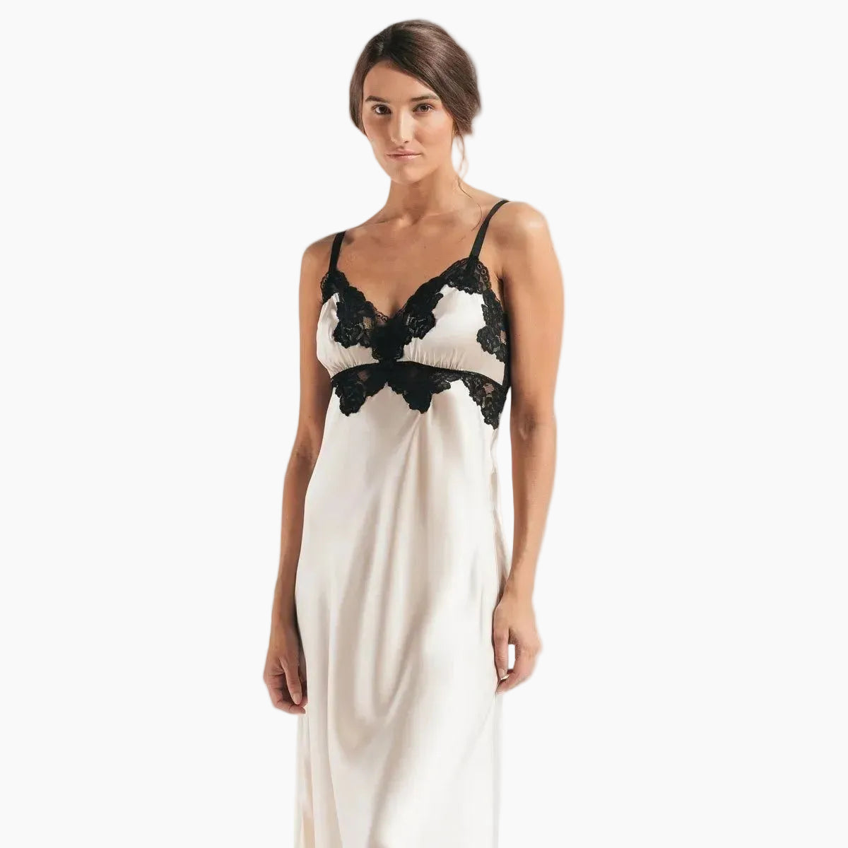 Model wearing Morgan vintage long silk sleeping gown in champagne