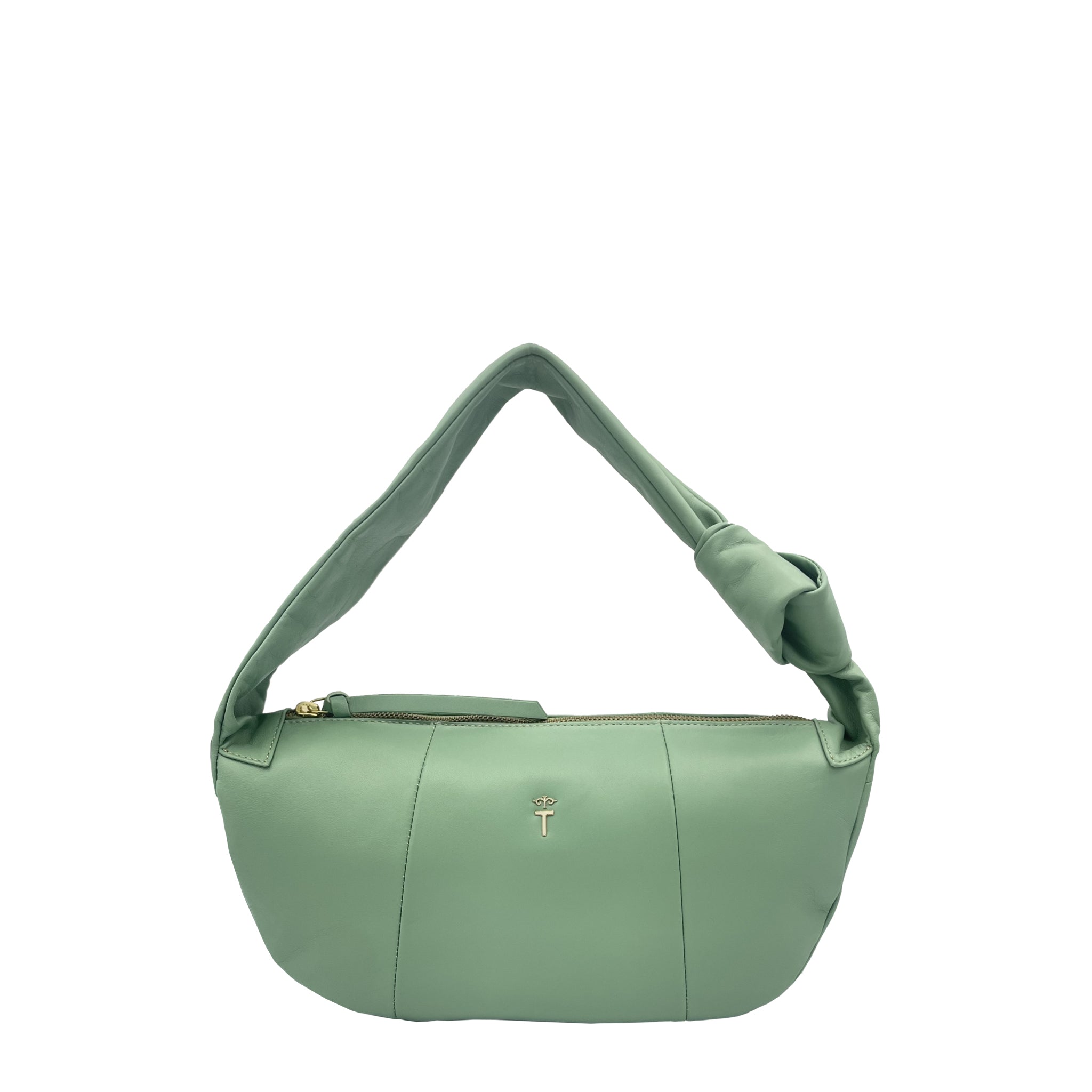 Pia Pistachio Green leather shoulder bag by THALIE Paris – front view with knotted handle and gold T logo.