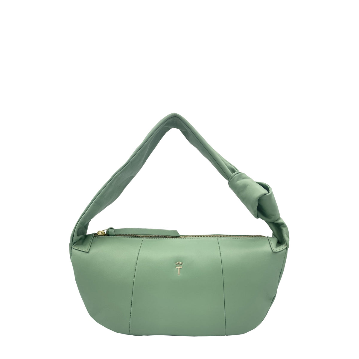 Pia Pistachio Green leather shoulder bag by THALIE Paris – front view with knotted handle and gold T logo.