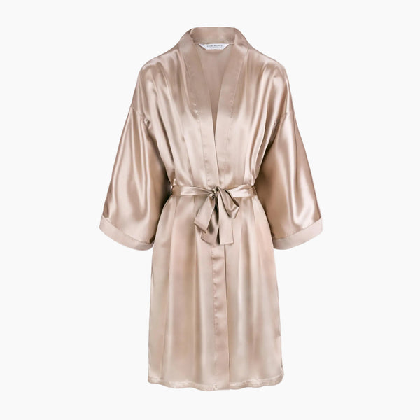 Caramel mulberry silk robe – smooth, soft, and elegantly draped for a luxurious loungewear experience