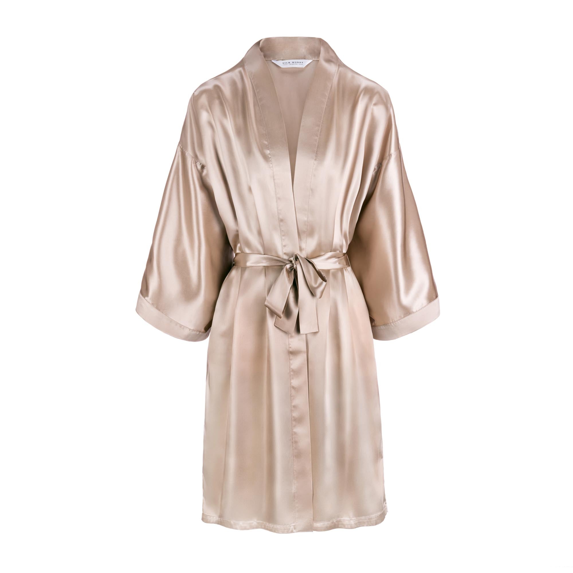 Caramel mulberry silk robe – smooth, soft, and elegantly draped for a luxurious loungewear experience