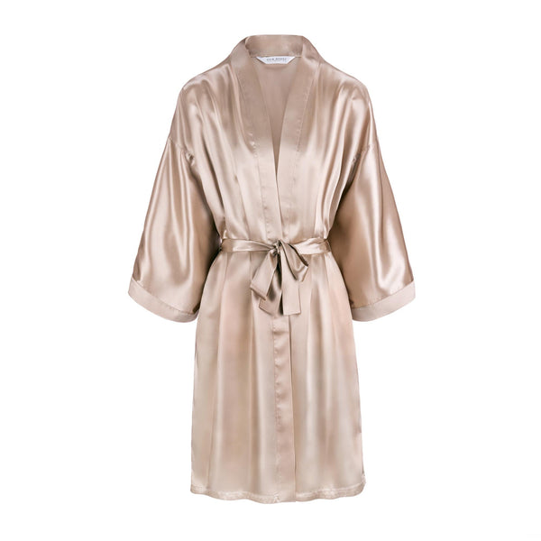 Caramel mulberry silk robe – smooth, soft, and elegantly draped for a luxurious loungewear experience
