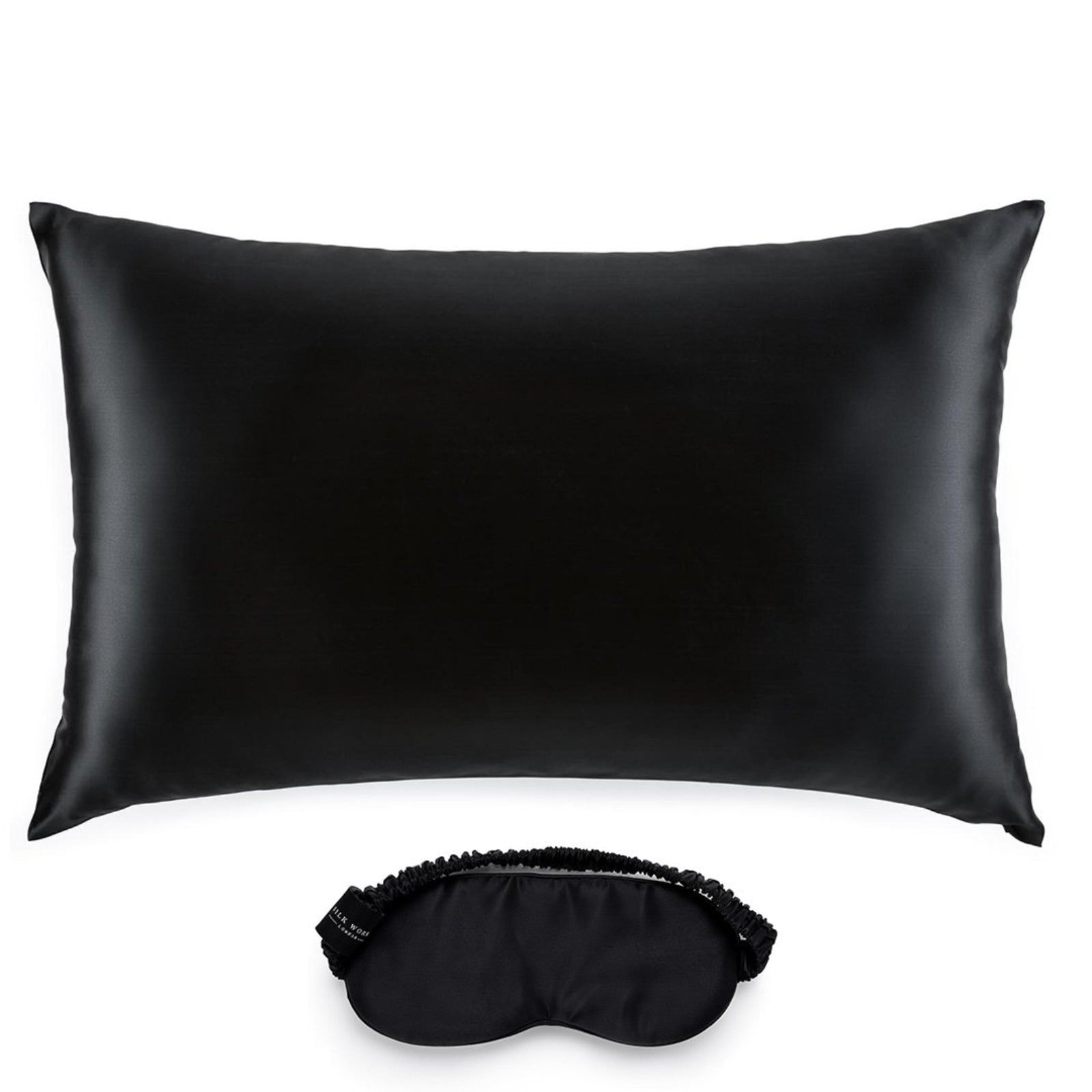 Silk Works black-coloured mulberry silk pillowcase and matching eye mask set, crafted from 22 momme silk for skin and hair benefits.