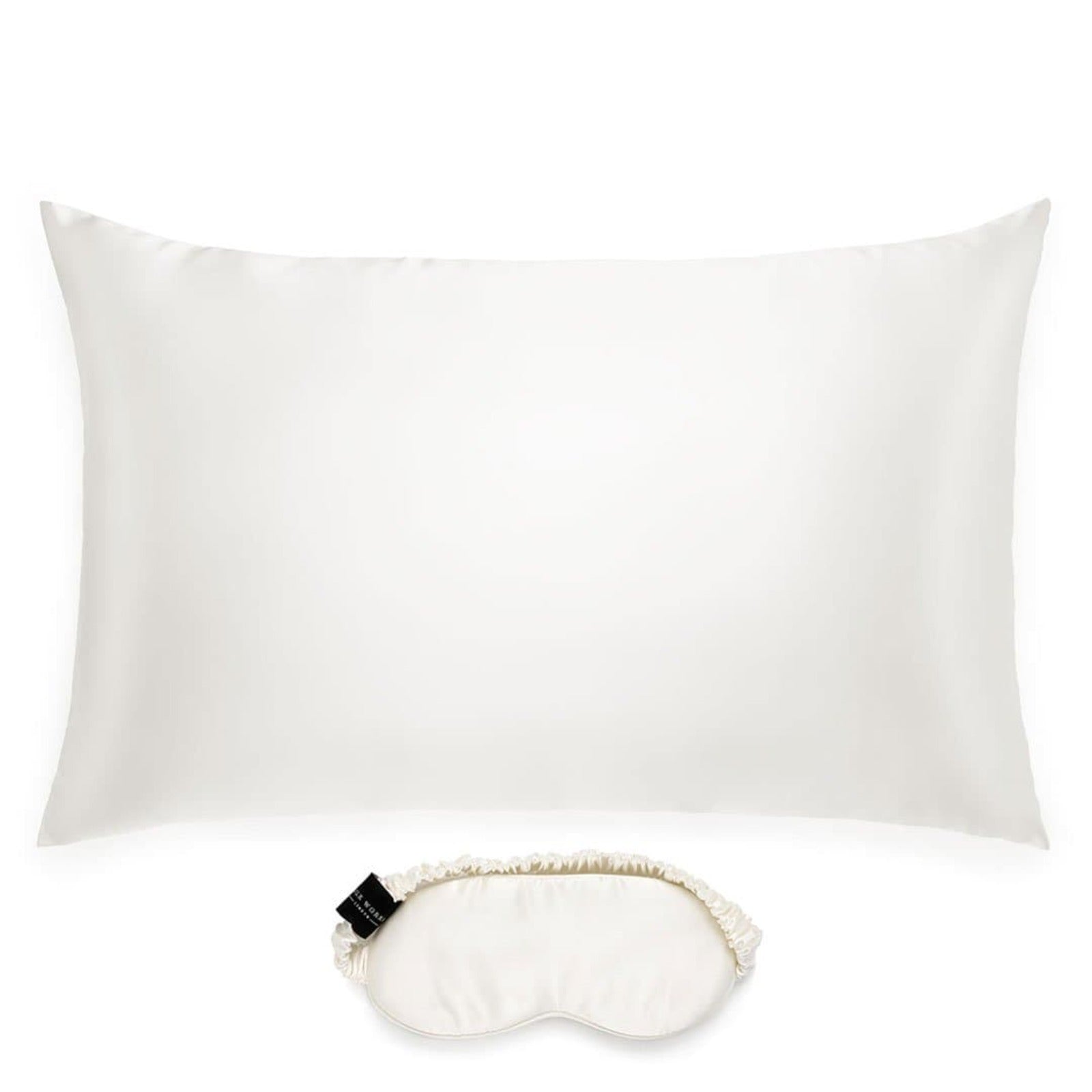 Silk Works ivory-coloured mulberry silk pillowcase and matching eye mask set, crafted from 22 momme silk for skin and hair benefits.
