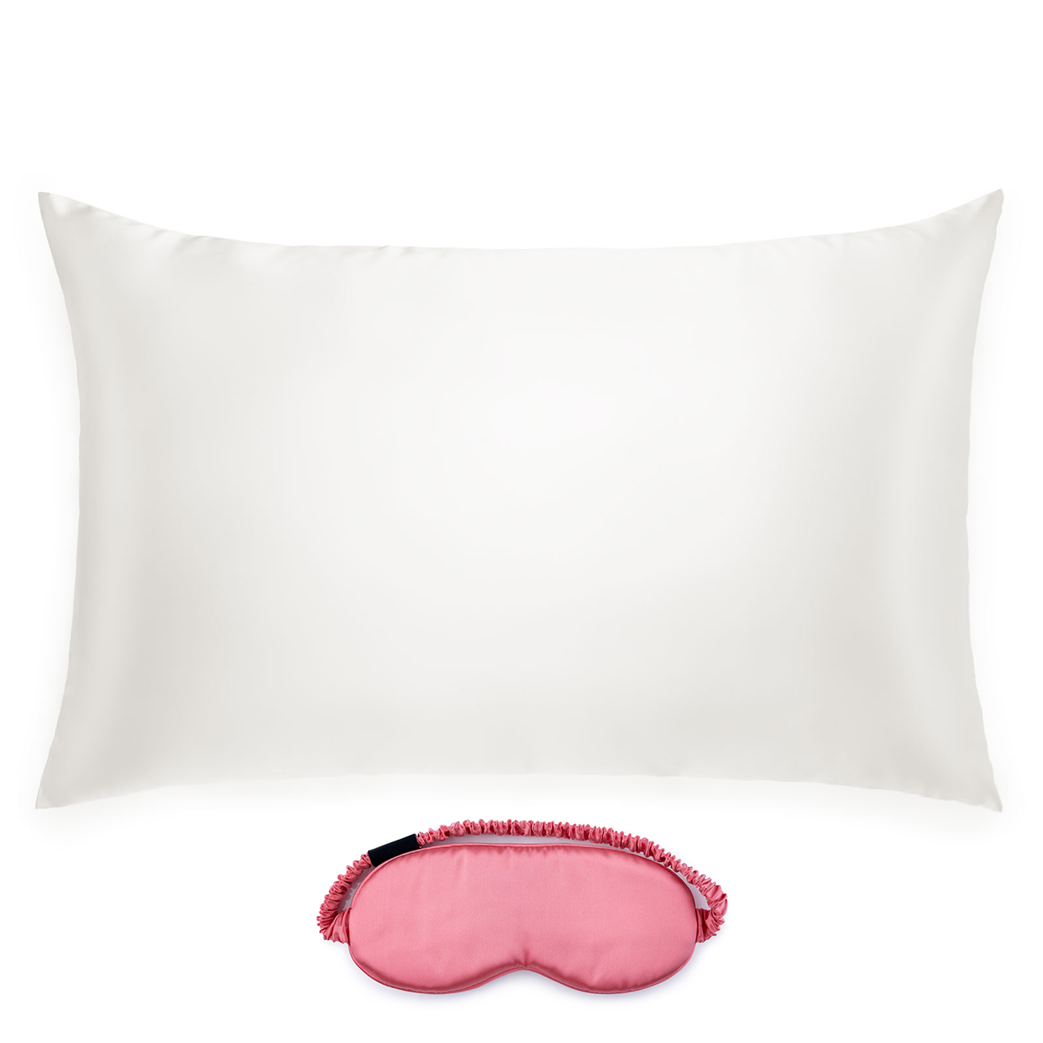 Silk Works ivory-coloured mulberry silk pillowcase and watermelon pink eye mask set, crafted from 22 momme silk for skin and hair benefits.