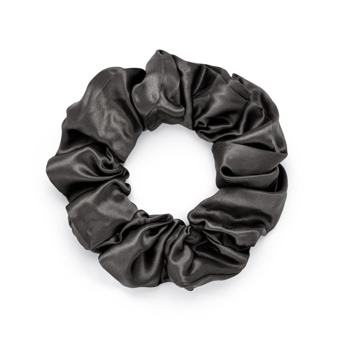 Silk Works large charcoal grey mulberry silk scrunchie with a smooth, lustrous finish for gentle hair styling.