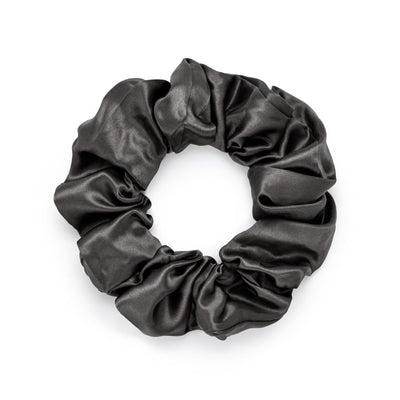 Silk Works large charcoal grey mulberry silk scrunchie with a smooth, lustrous finish for gentle hair styling.