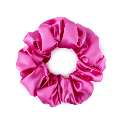 Silk Works large fuchsia hot pink mulberry silk scrunchie with a smooth, lustrous finish for gentle hair styling.