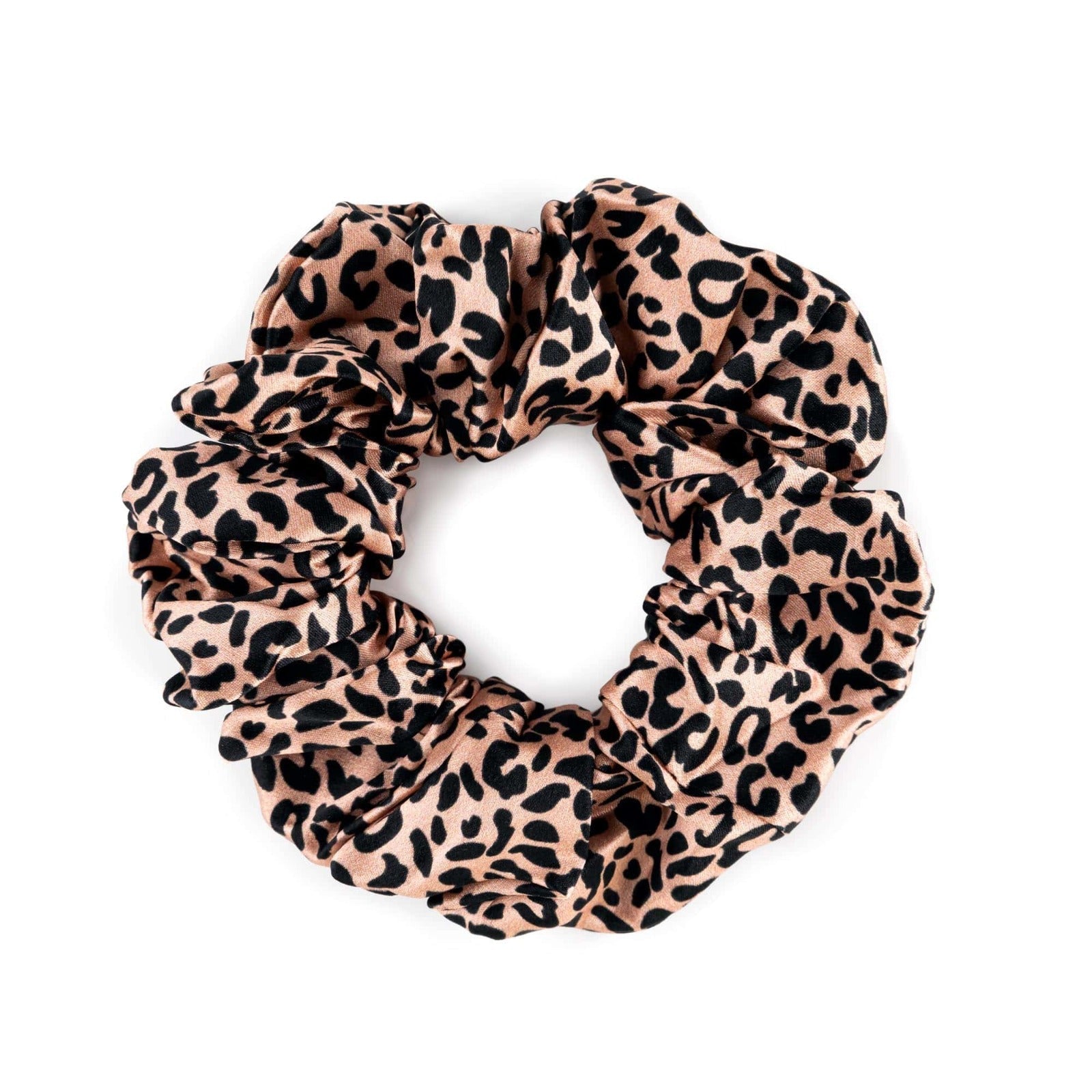 Silk Works large rose gold leopard mulberry silk scrunchie with a smooth, lustrous finish for gentle hair styling.