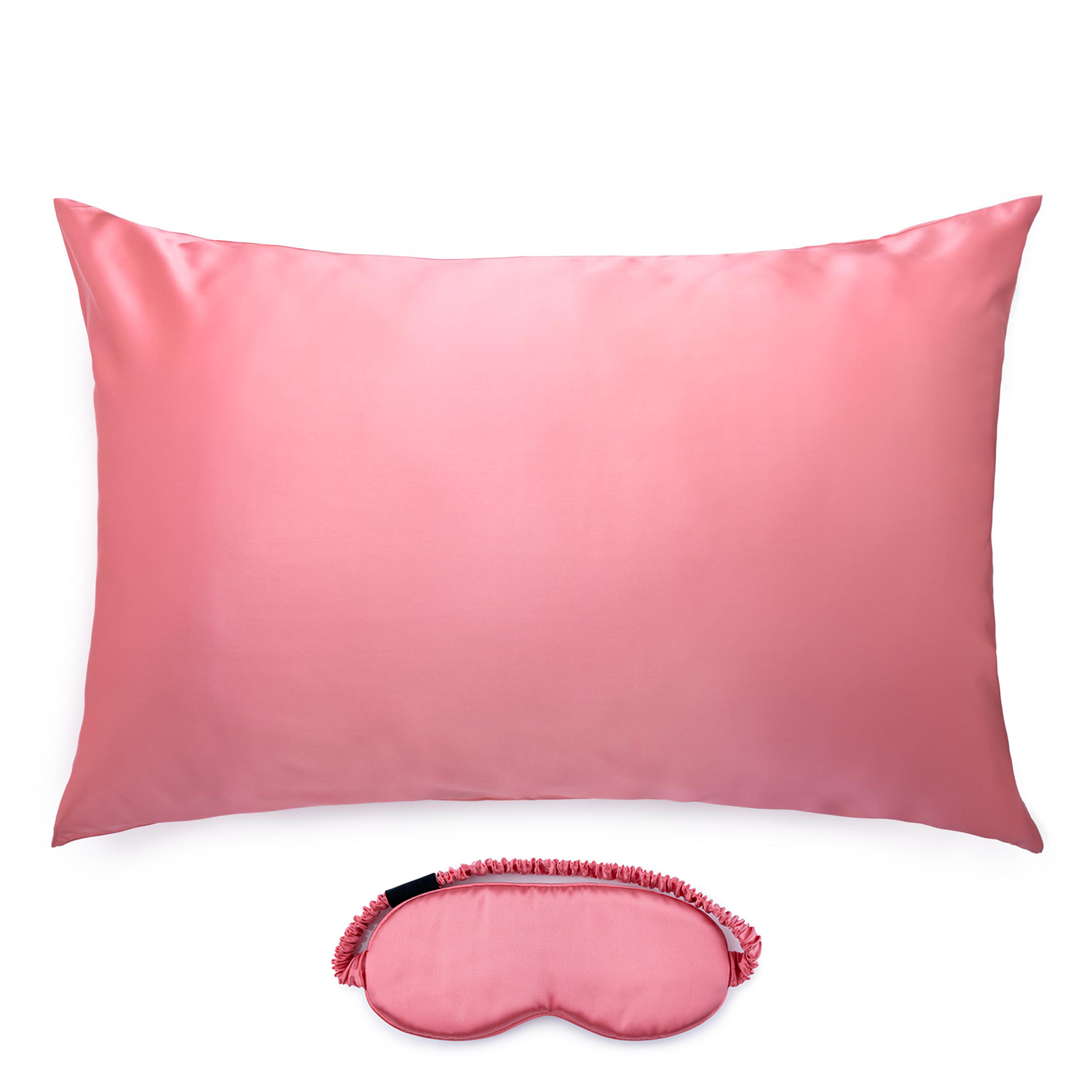 Silk Works watermelon pink coloured mulberry silk pillowcase and matching eye mask set, crafted from 22 momme silk for skin and hair benefits.
