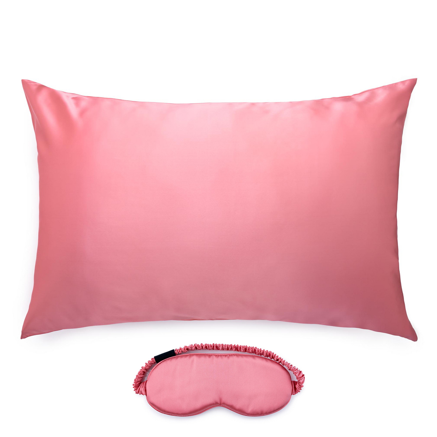 Silk Works watermelon pink coloured mulberry silk pillowcase and matching eye mask set, crafted from 22 momme silk for skin and hair benefits.