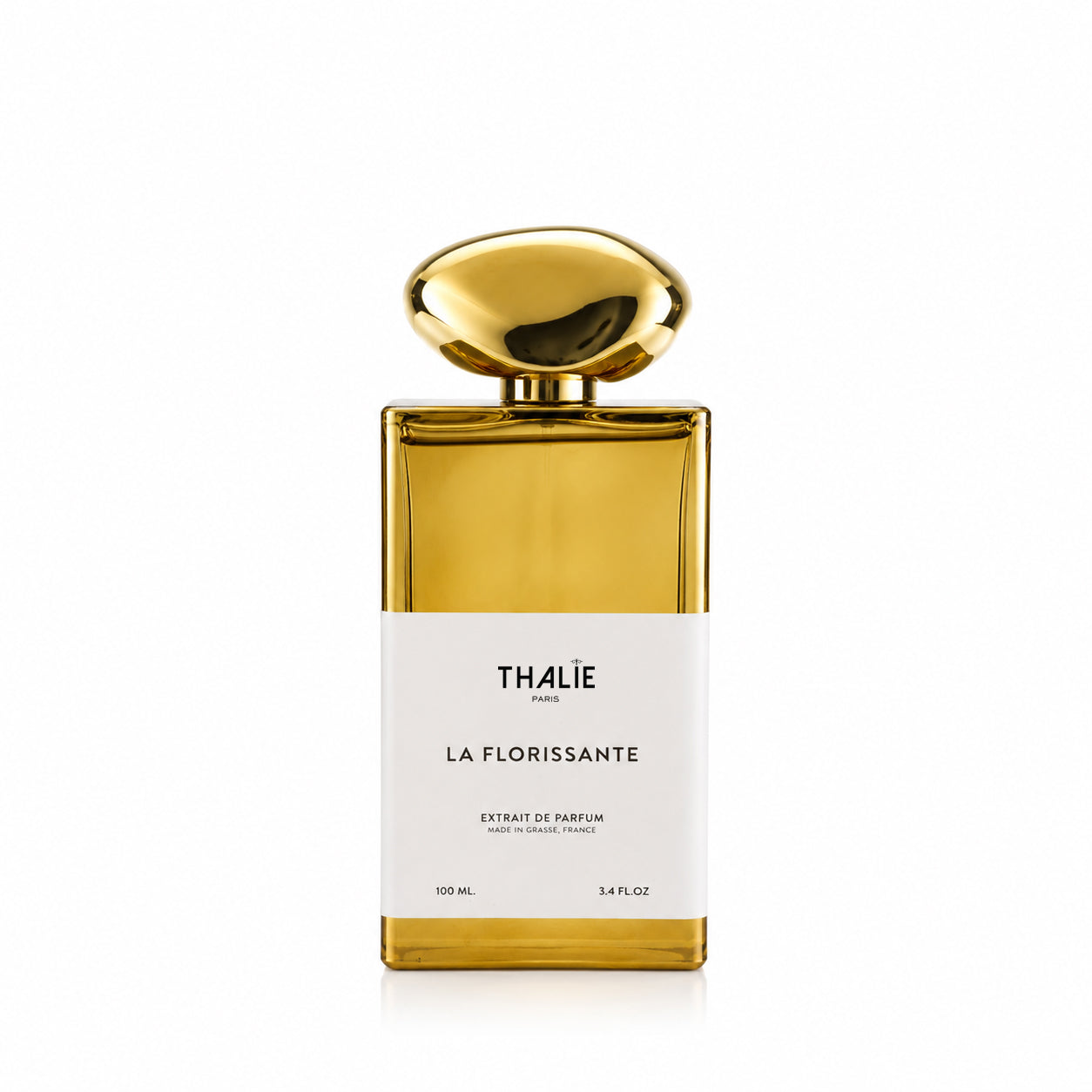 THALIE La Florissante extrait de parfum bottle on a white background with elegant gold cap, luxury perfume made in Grasse France.