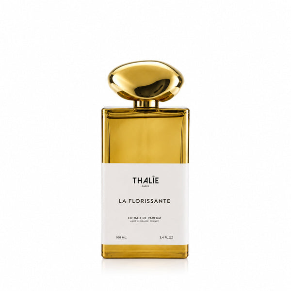THALIE La Florissante extrait de parfum bottle on a white background with elegant gold cap, luxury perfume made in Grasse France.