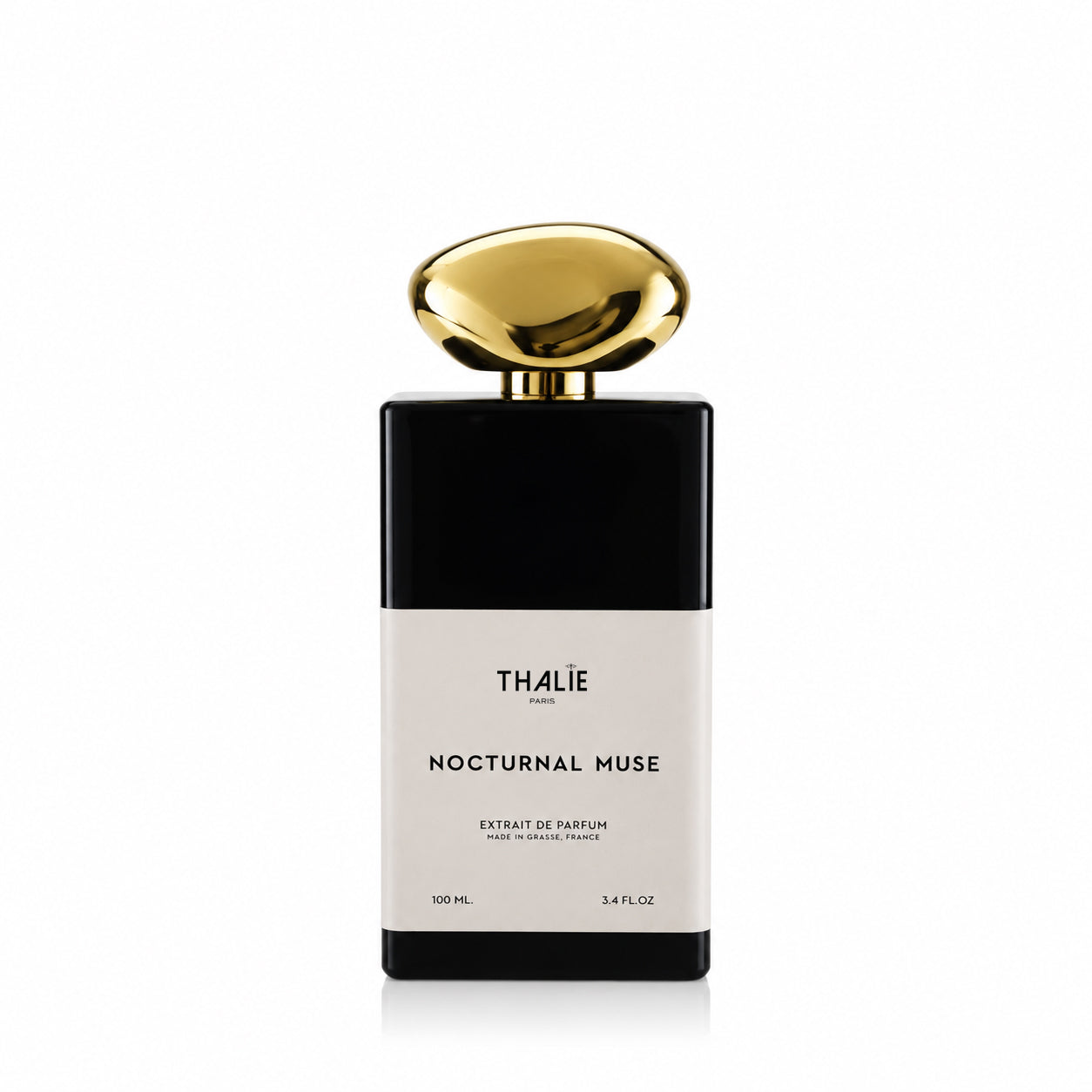 THALIE Nocturnal Muse extrait de parfum bottle on a white background with elegant gold cap, luxury night perfume made in Grasse France.