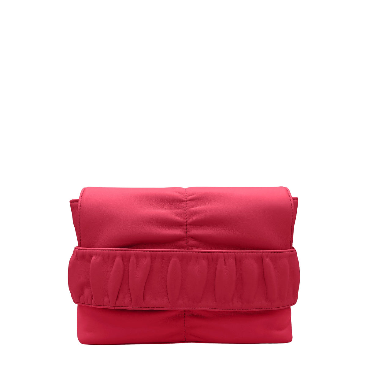 Front view of the THALIE Paris Apolline Fuchsia leather bag with signature ruched leather handle.