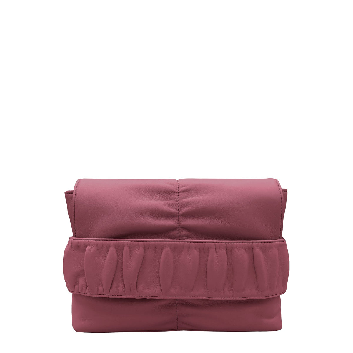 Front view of the THALIE Paris Apolline Purple leather crossbody bag with signature ruched leather handle.