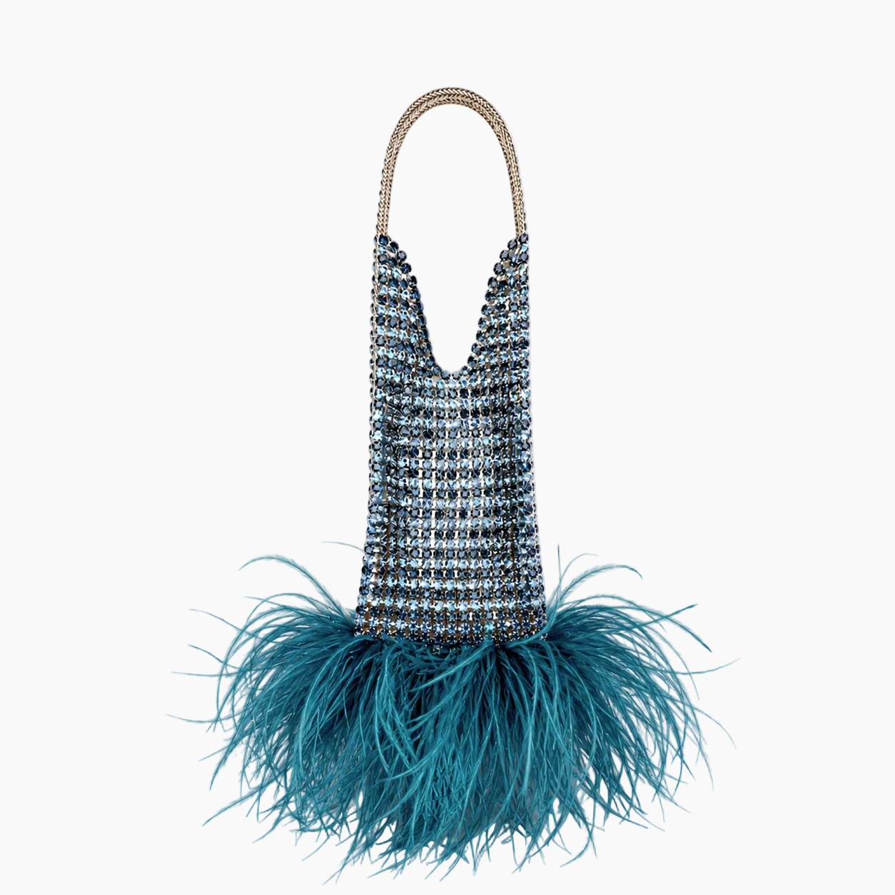 Handbag with blue feathered bottom and beaded top on a white background