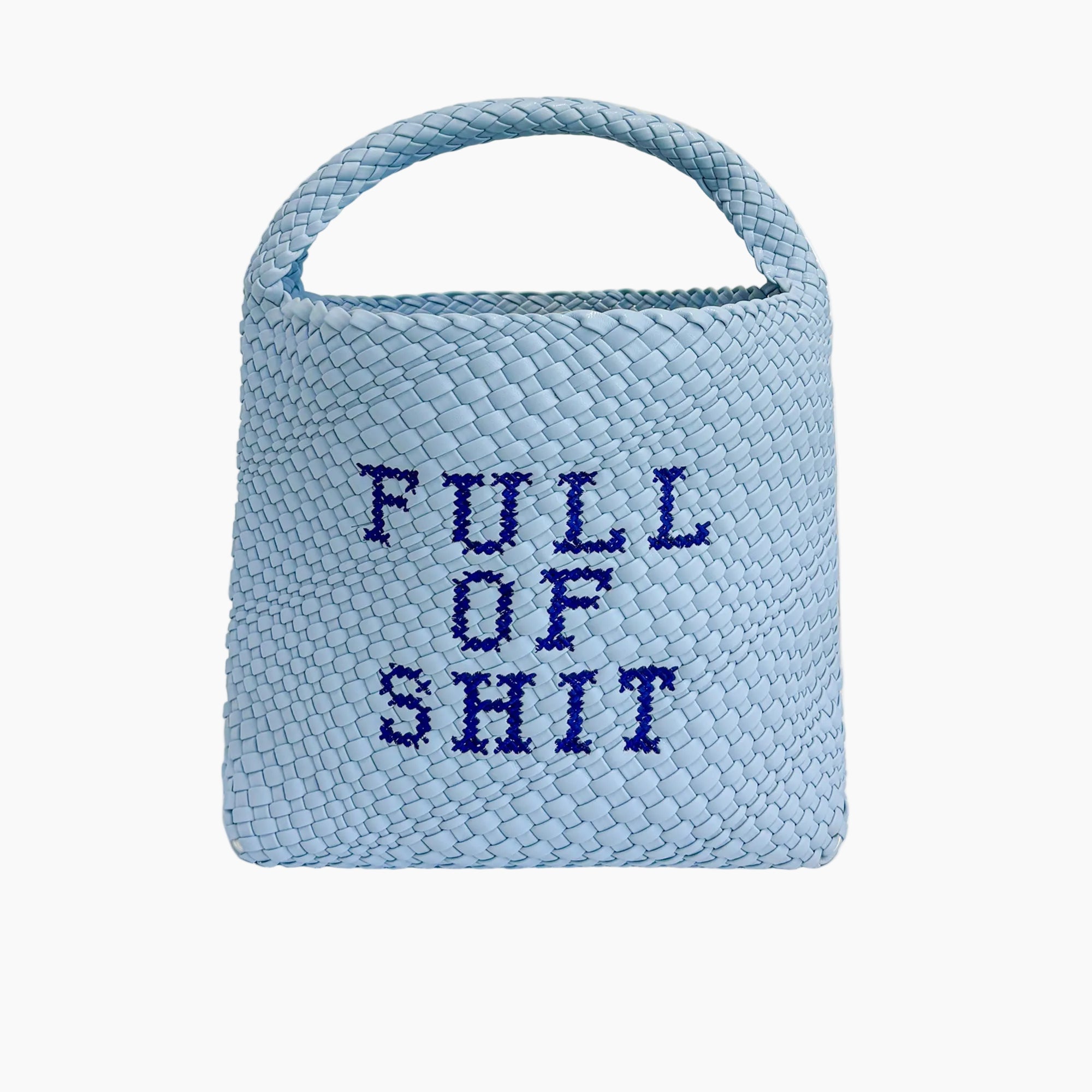 Blue woven basket with text on a white background